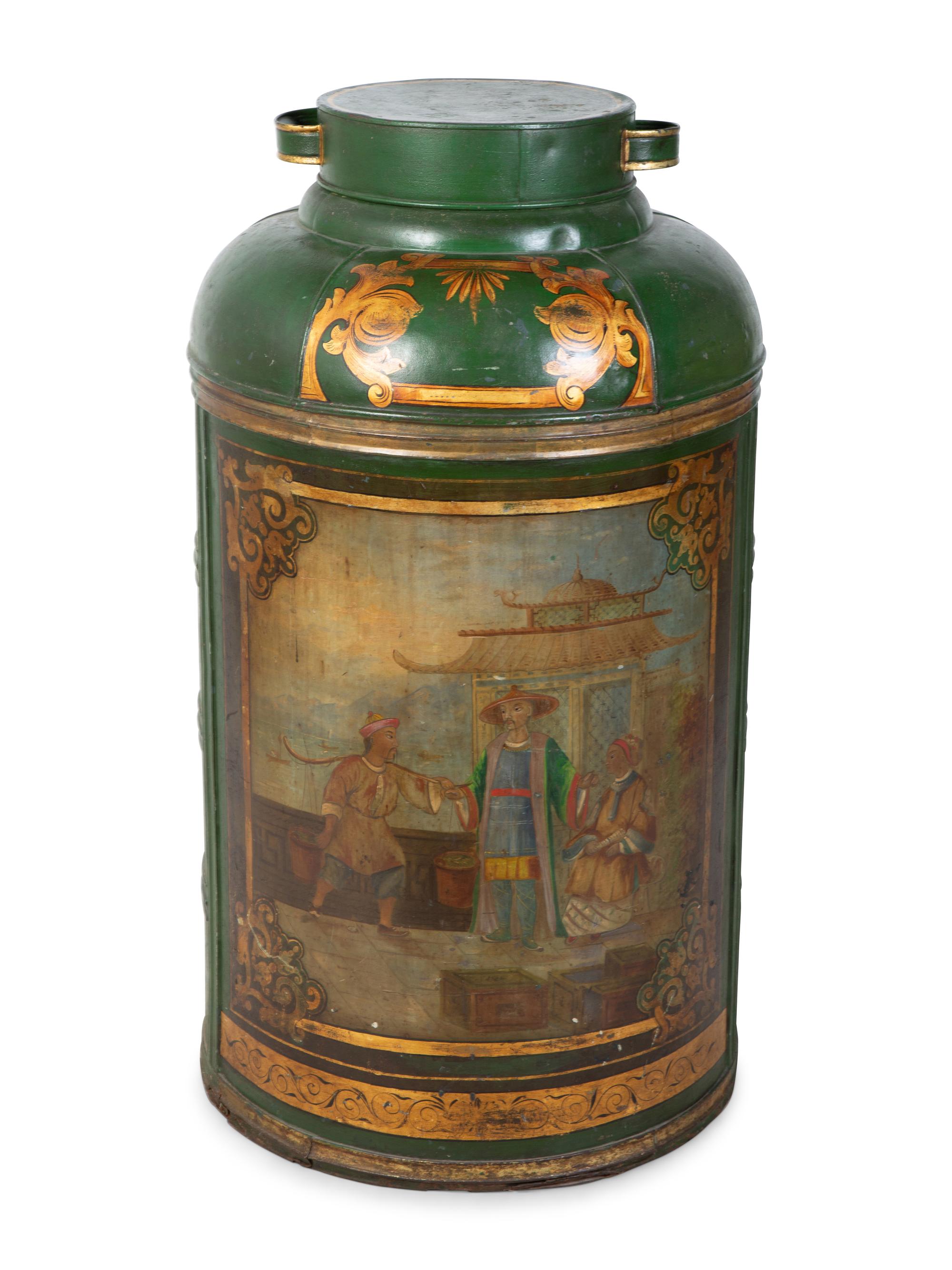 A Painted Green Tole Oversize Tea Canister — 18TH/19TH CENTURY