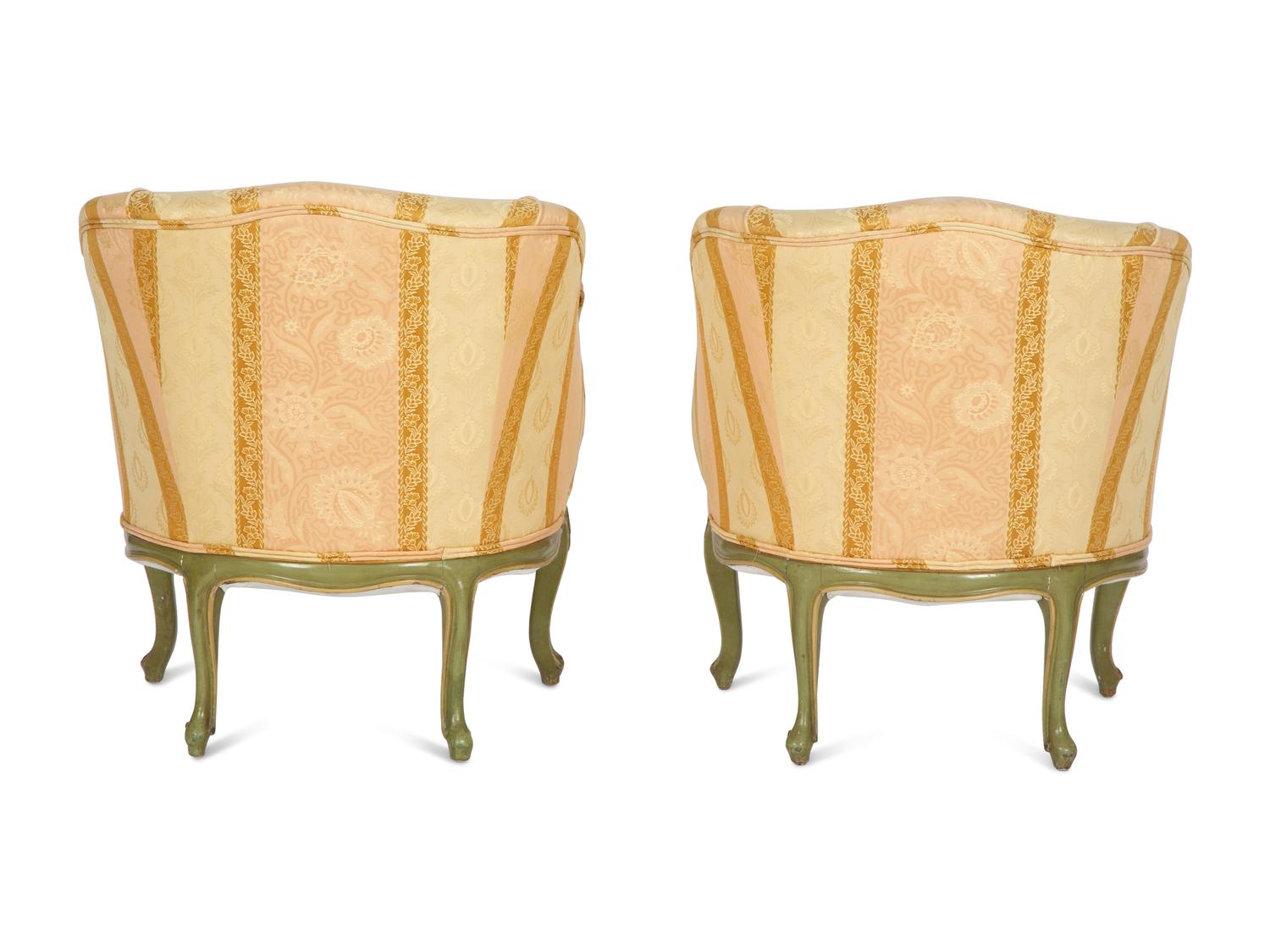 A Pair of Louis XV Style Painted Cove Back Chairs with Scalamandré Silk Damask Upholstery