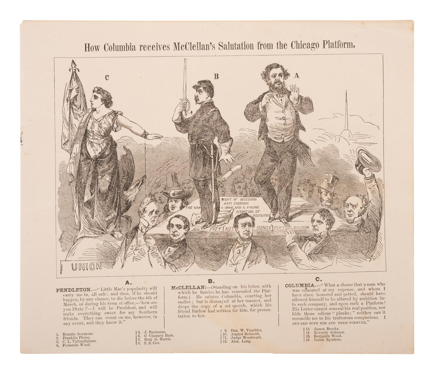 [POLITICS]. 2 prints featuring George McClellan, incl. How Columbia Receives McClellan's Salutation from the Chicago Platform . [New York: 1864].