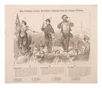 [POLITICS]. 2 prints featuring George McClellan, incl. How Columbia Receives McClellan's Salutation from the Chicago Platform . [New York: 1864].