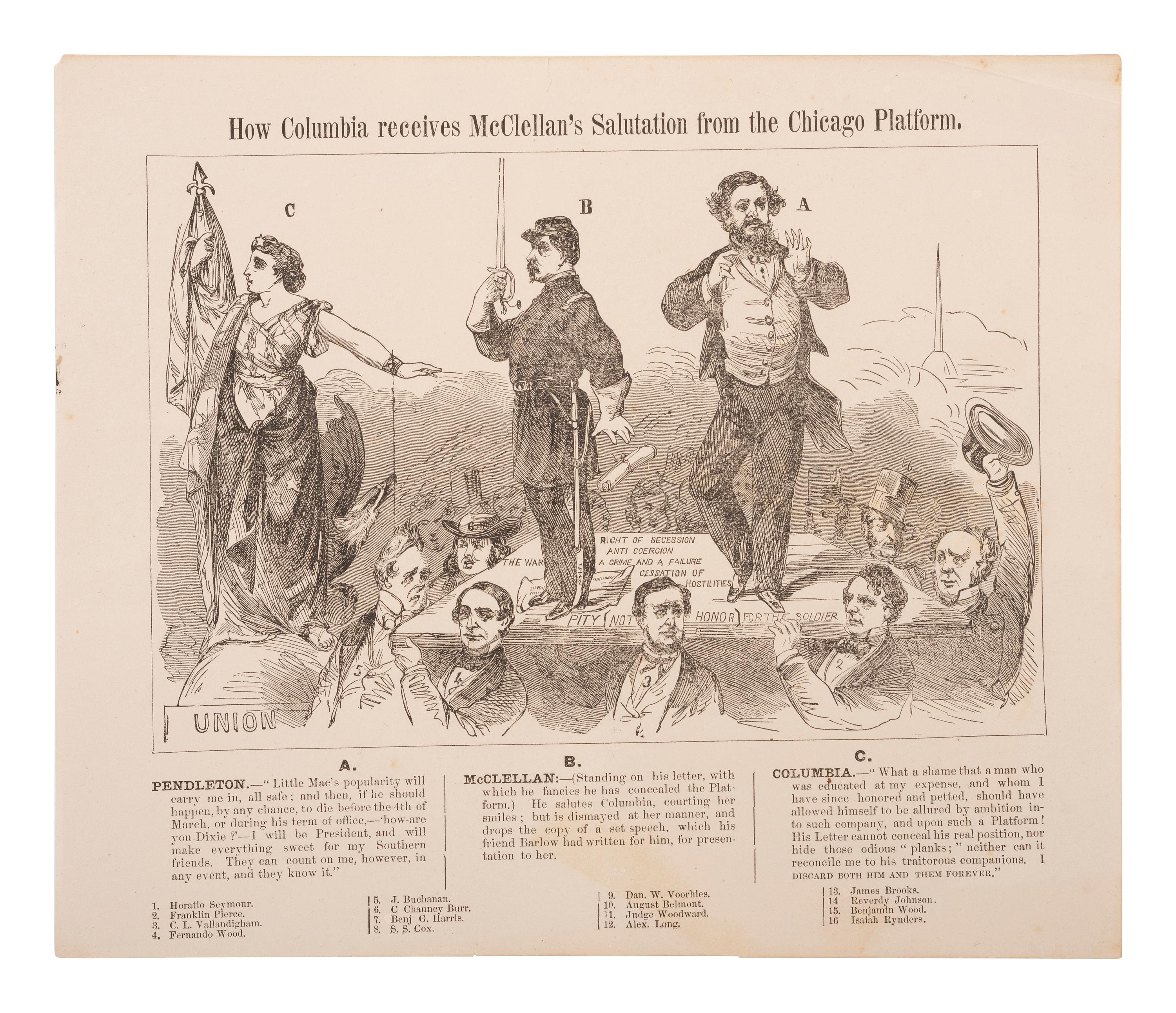 [POLITICS]. 2 prints featuring George McClellan, incl. How Columbia Receives McClellan's Salutation from the Chicago Platform . [New York: 1864].