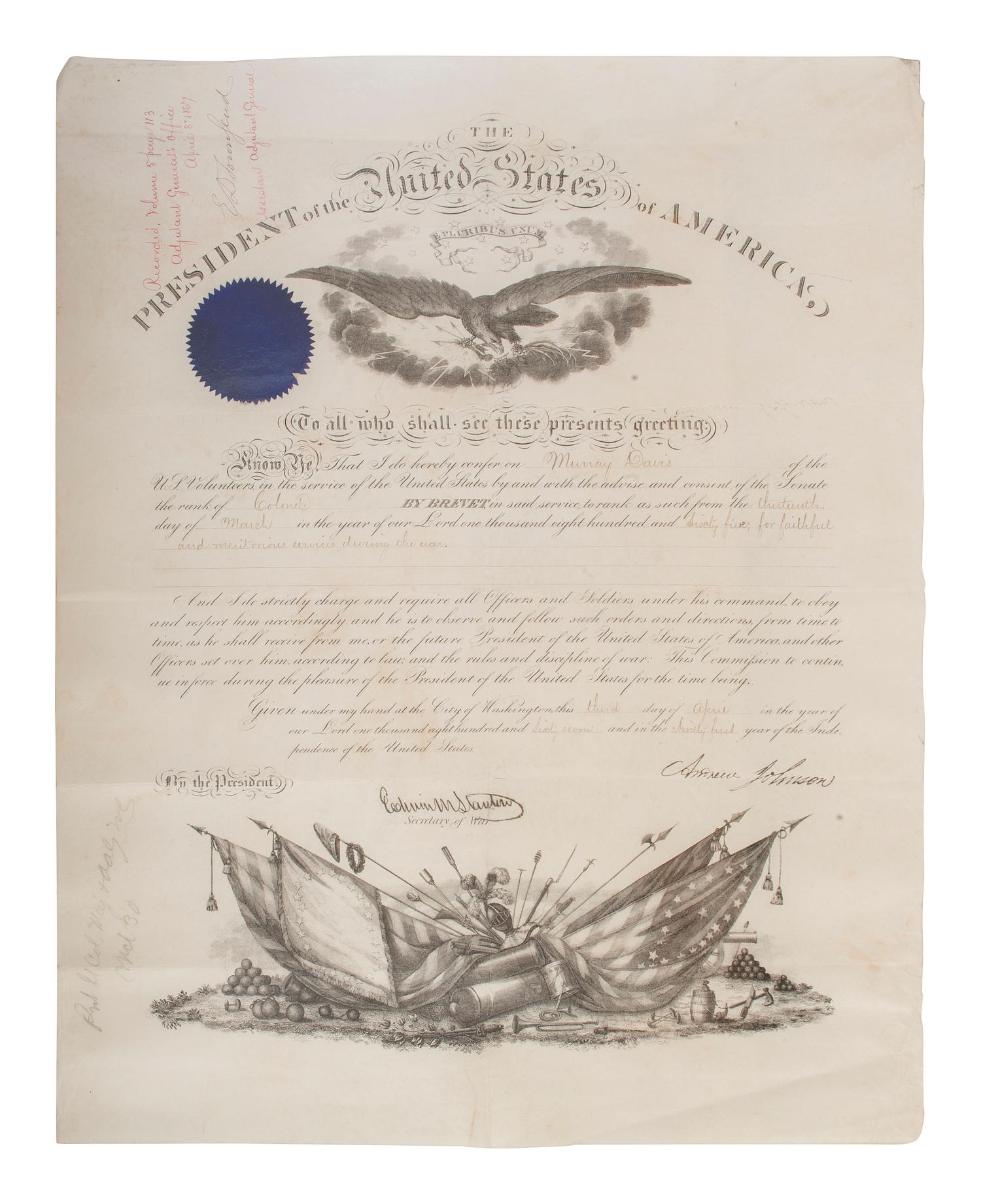 [CIVIL WAR]. JOHNSON, Andrew (1808-1875). Appointments associated with the service of Major Murray Davis, 95th Ohio Infantry, including a document signed by Andrew Johnson as President, 20 April 1866.