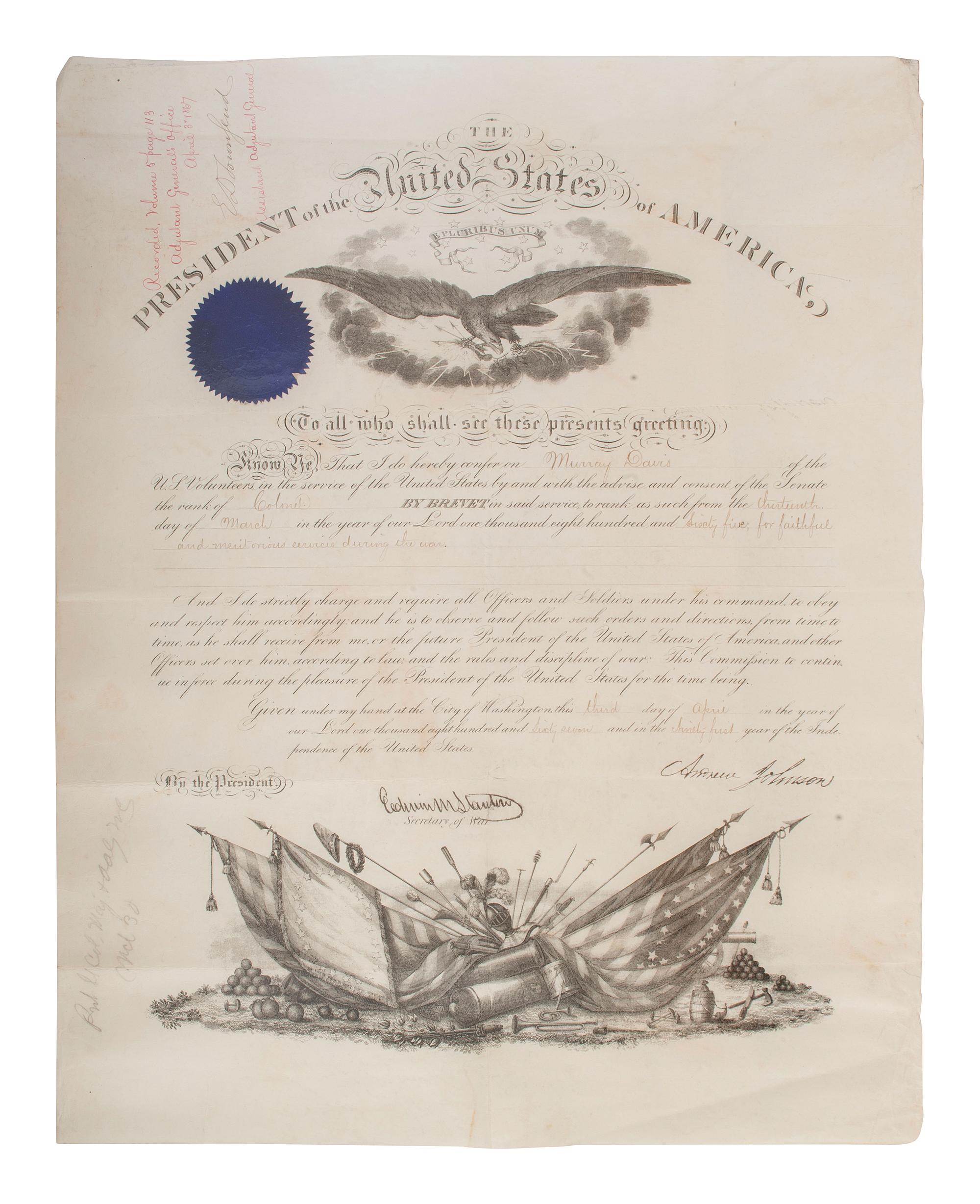 [CIVIL WAR]. JOHNSON, Andrew (1808-1875). Appointments associated with the service of Major Murray Davis, 95th Ohio Infantry, including a document signed by Andrew Johnson as President, 20 April 1866.