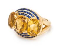 A Yellow Gold, Citrine and Sapphire Ring, 8.50 dwts.