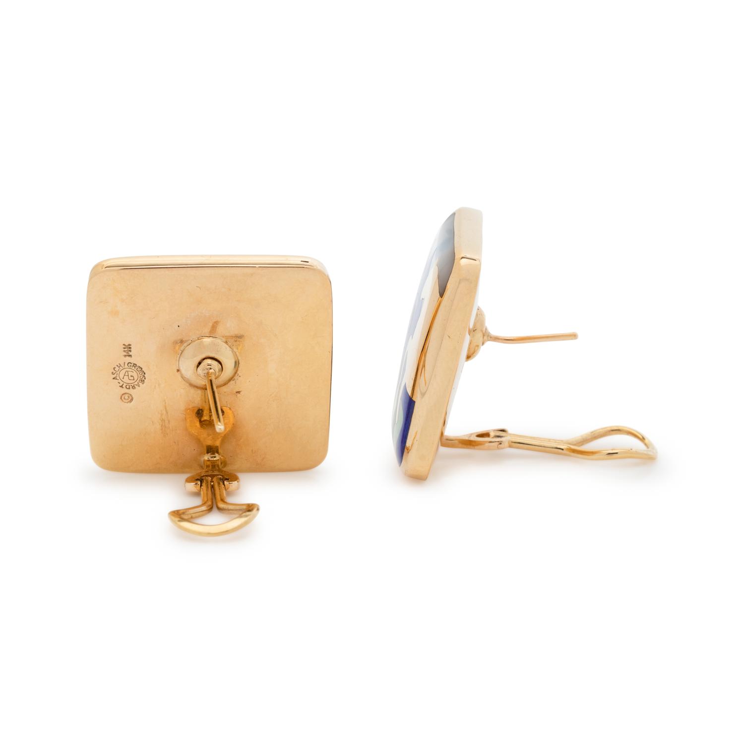 ASCH GROSSBARDT, YELLOW GOLD AND HARDSTONE INLAY EARCLIPS