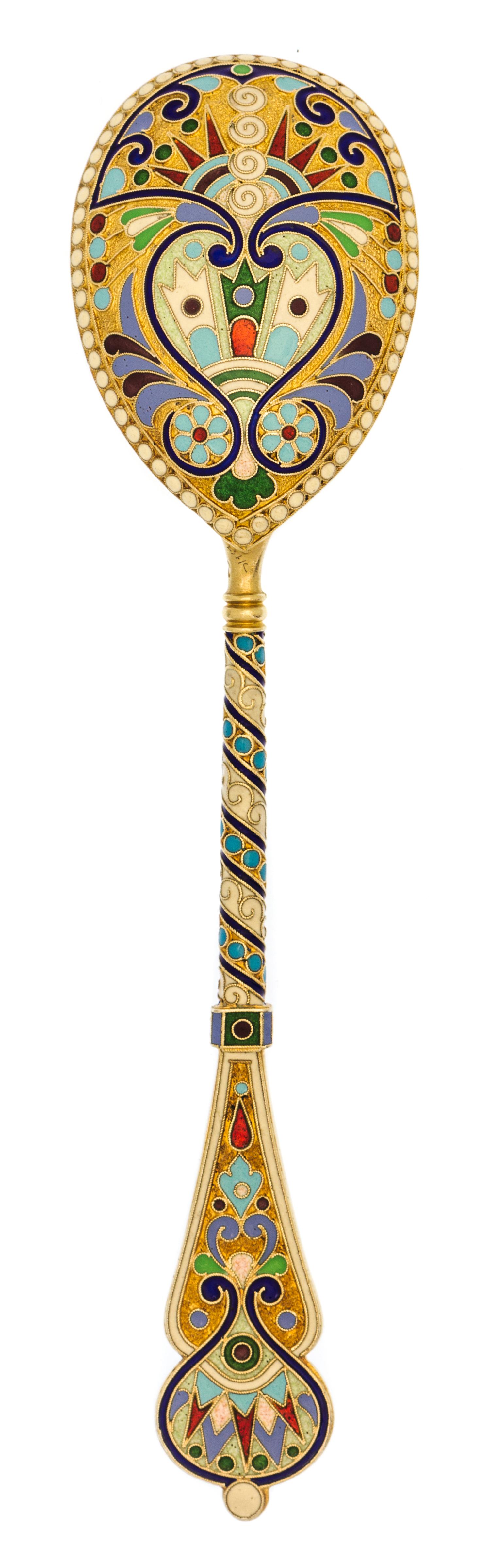A Russian Enameled Silver-Gilt Teaspoon, Mark of Ivan Khlebnikov with Imperial warrant, Moscow, early 20th century, having an enameled