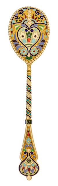 A Russian Enameled Silver-Gilt Teaspoon, Mark of Ivan Khlebnikov with Imperial warrant, Moscow, early 20th century, having an enameled