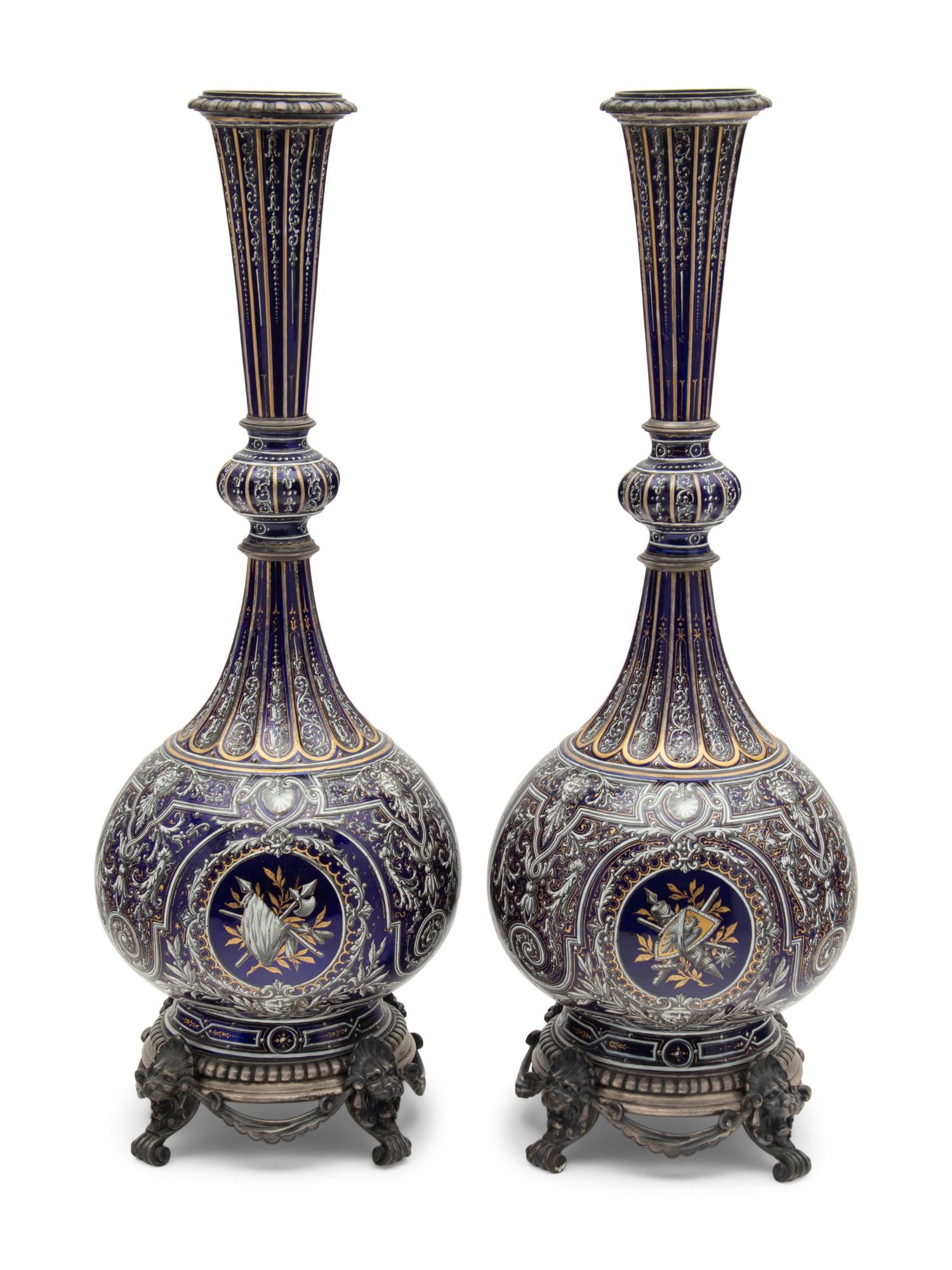 A Pair of Continental Gilt and Enameled Cobalt Glazed Porcelain Vases