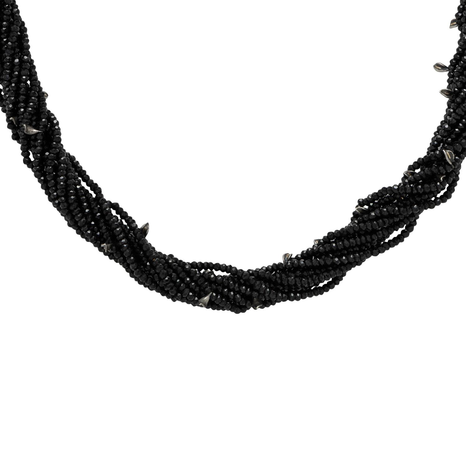 Alex Soldier, Black Spinel, Black Diamond, and Sterling Silver Leaf Motif Beaded Necklace