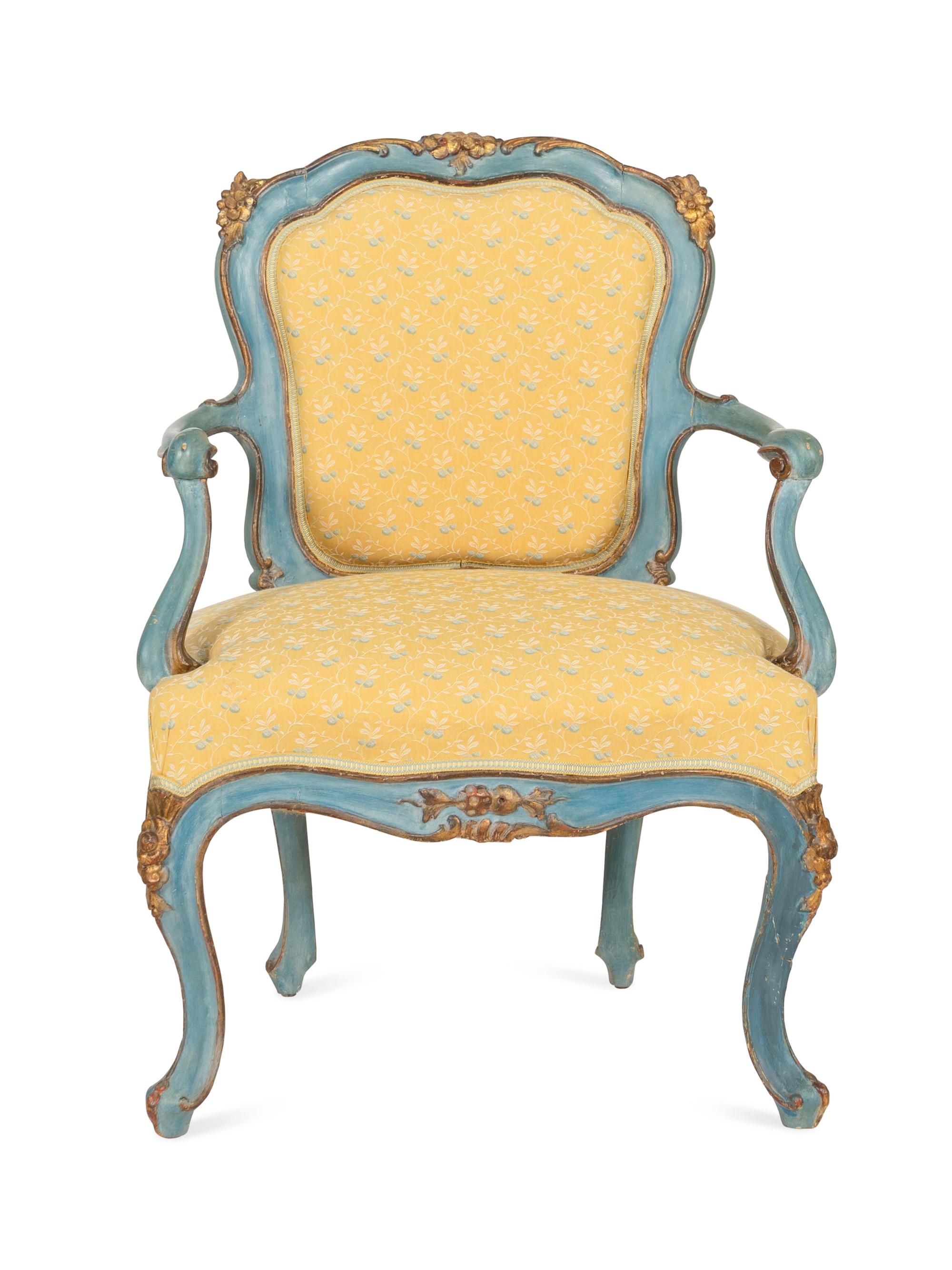An Italian Painted and Parcel Gilt Open Armchair