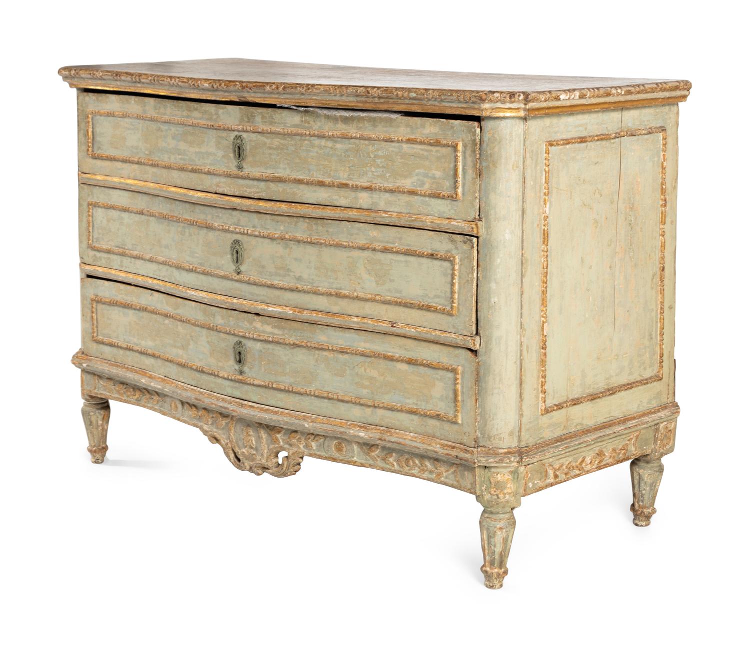 A Venetian Grey Painted and Parcel Gilt Commode