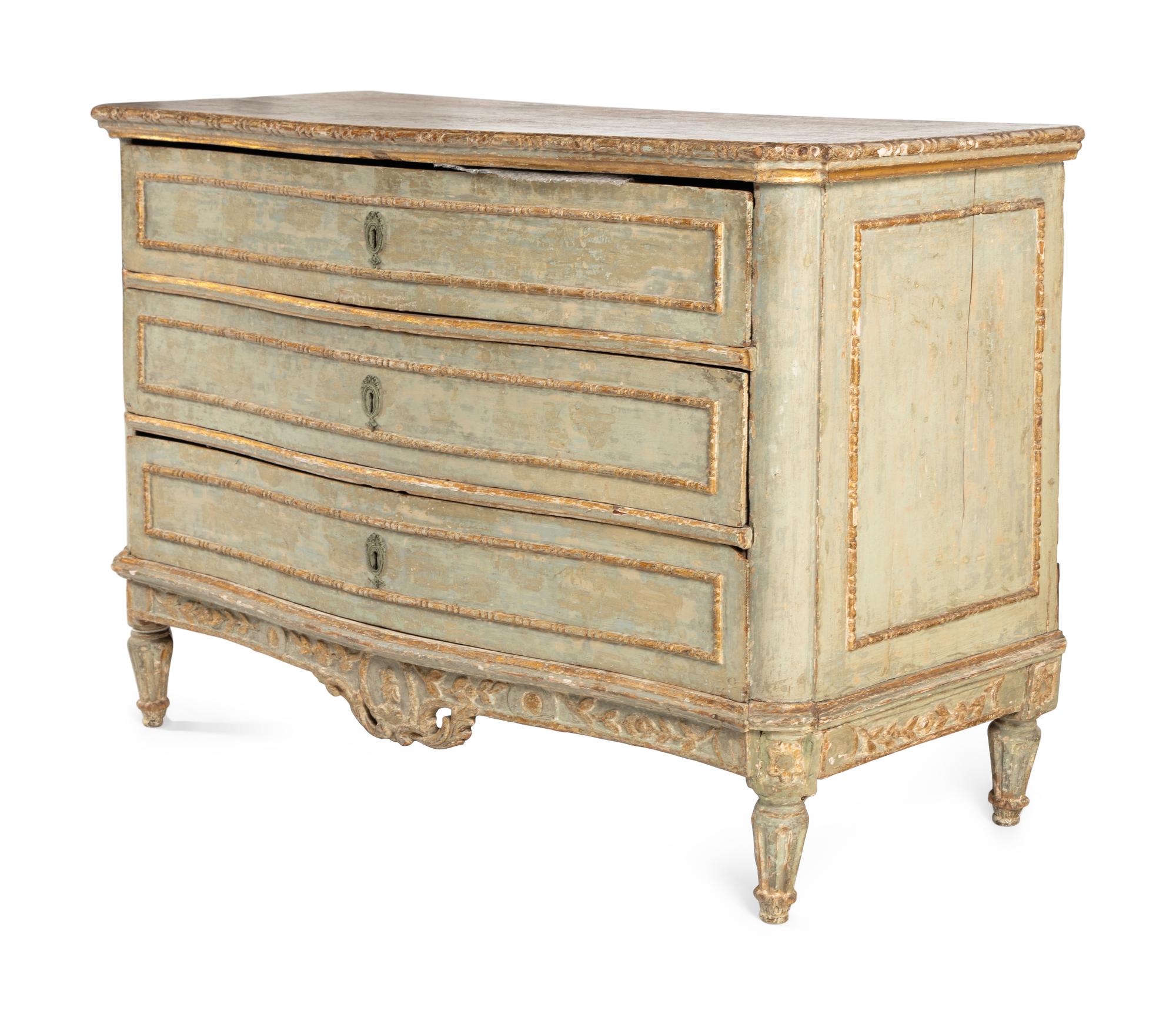 A Venetian Grey Painted and Parcel Gilt Commode