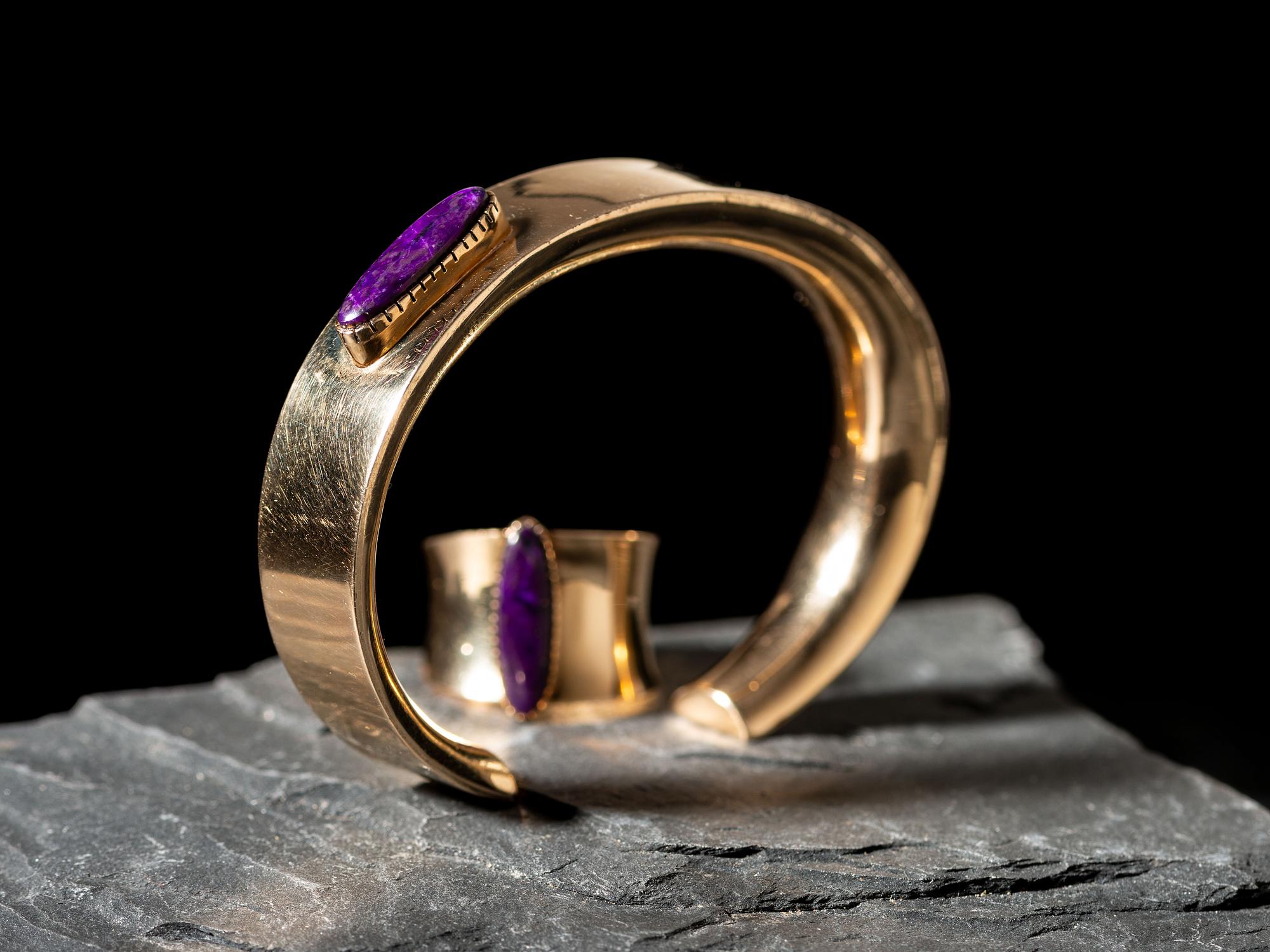 14K Gold and Sugilite Cuff Bracelet and Matching Ring