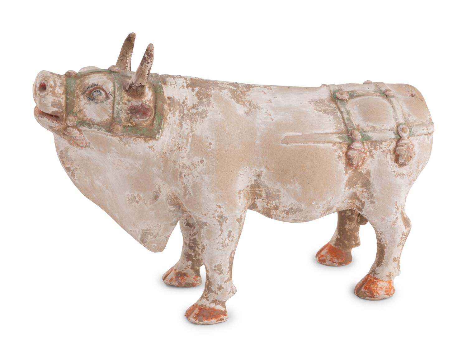 A Pair of Chinese Painted Pottery Figures of Oxen