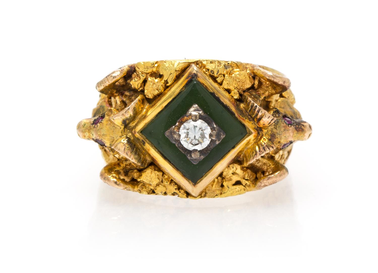 A 10 Karat Yellow Gold, Nephrite and Diamond Ring, 14.40 dwts.