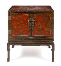 A Chinese Export Lacquered Cabinet on Stand Height 39 1/2 x width 34 x depth 22 inches. — LATE 19TH/EARLY 20TH CENTURY