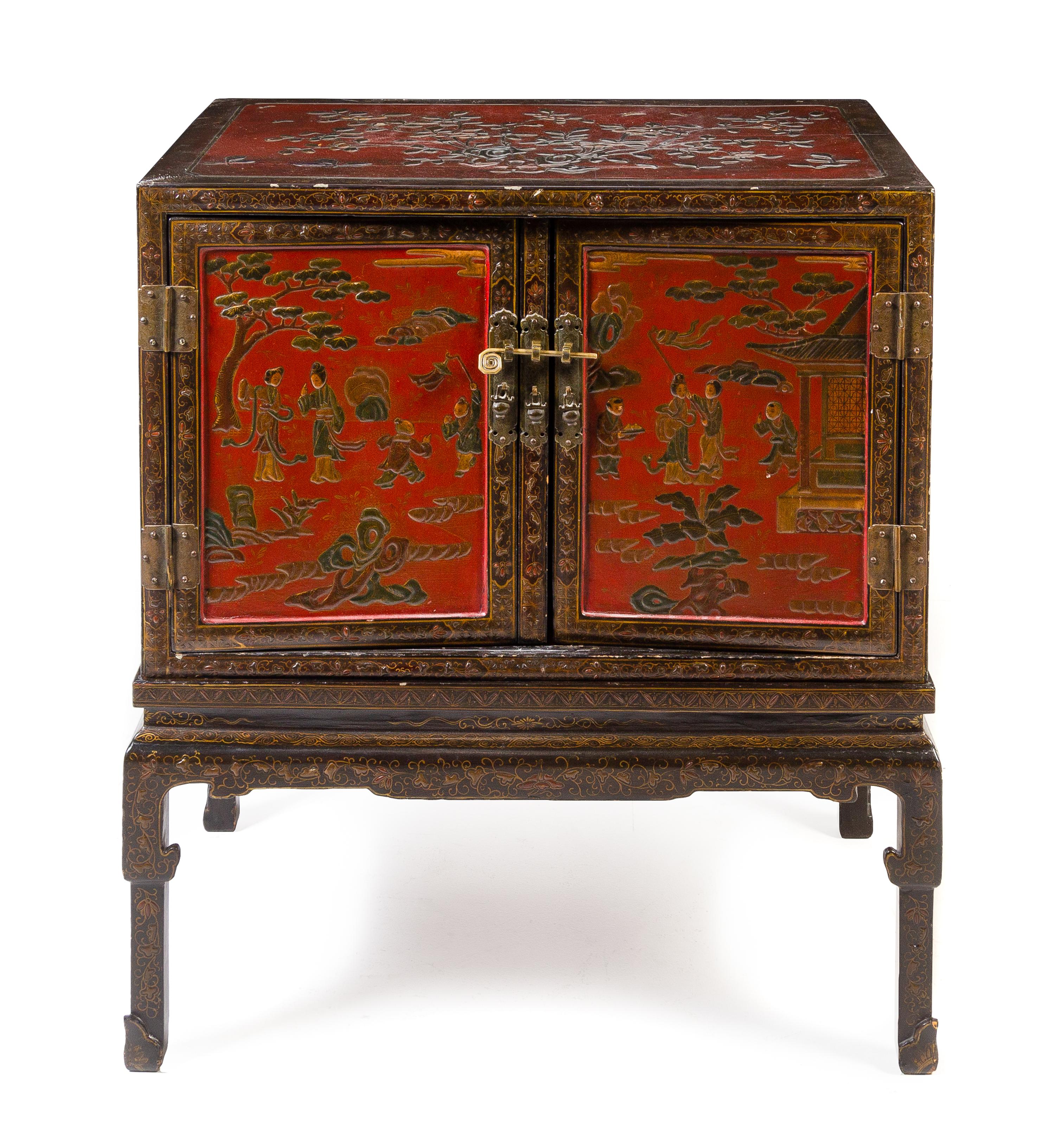 A Chinese Export Lacquered Cabinet on Stand Height 39 1/2 x width 34 x depth 22 inches. — LATE 19TH/EARLY 20TH CENTURY