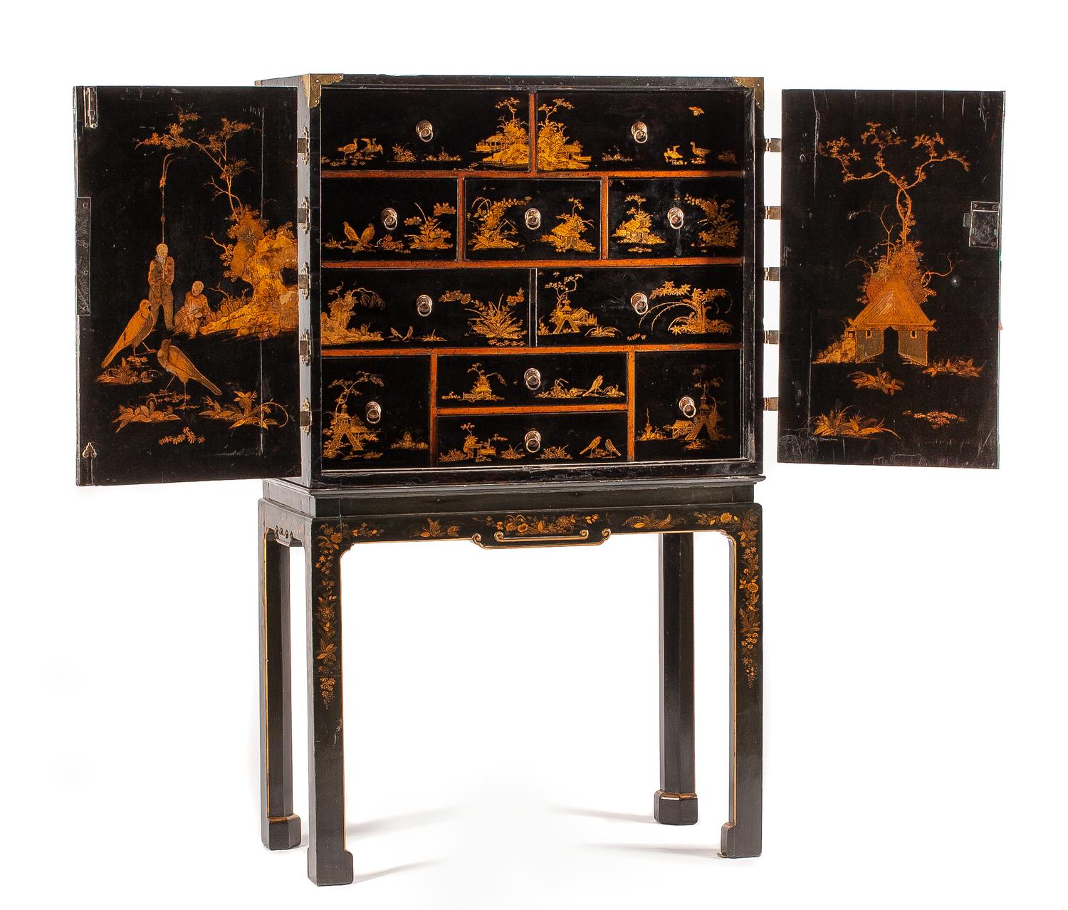 A George II Style Lacquered Cabinet on Stand Height overall 64 x width 38 x depth 19 inches. — LATE 18TH/EARLY 19TH CENTURY