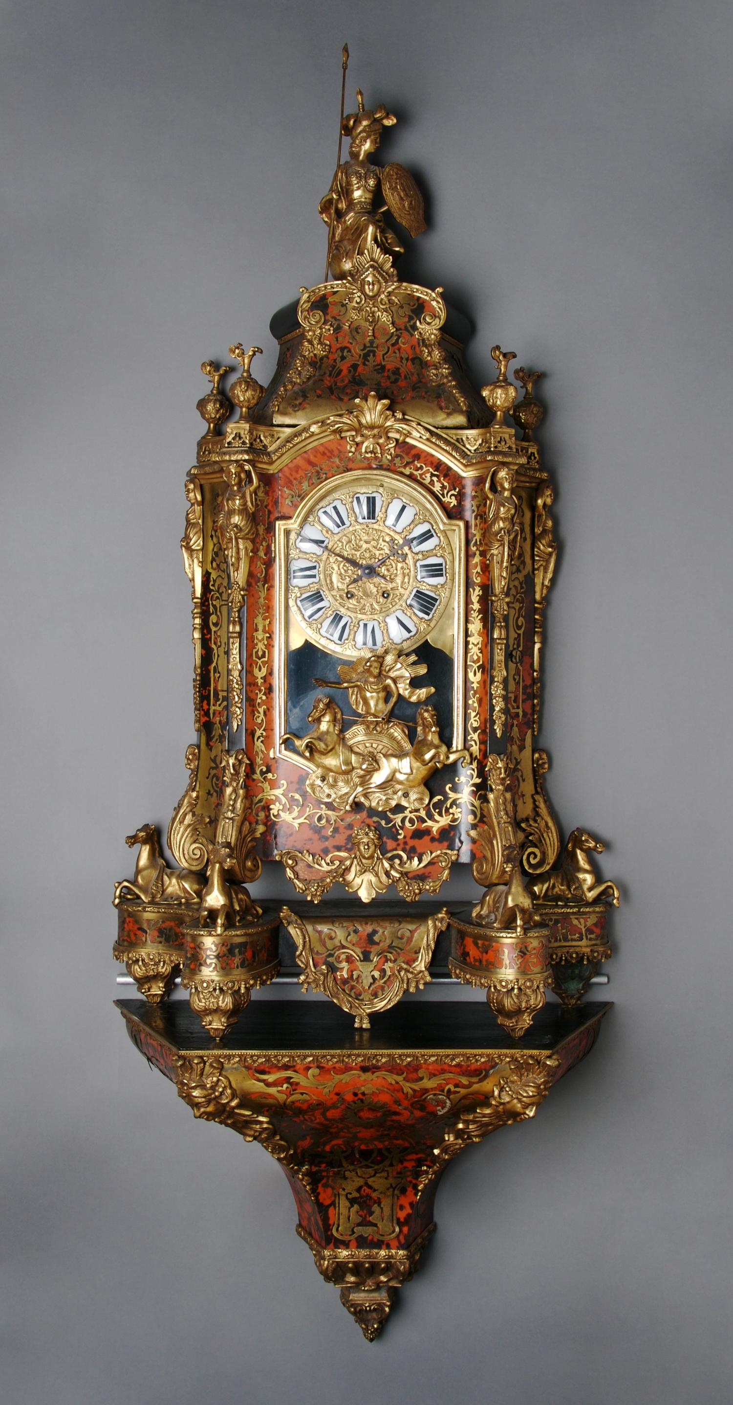 A Louis XVI Style Boulle Inlaid and Gilt Metal Mounted Clock, Height 61 inches.