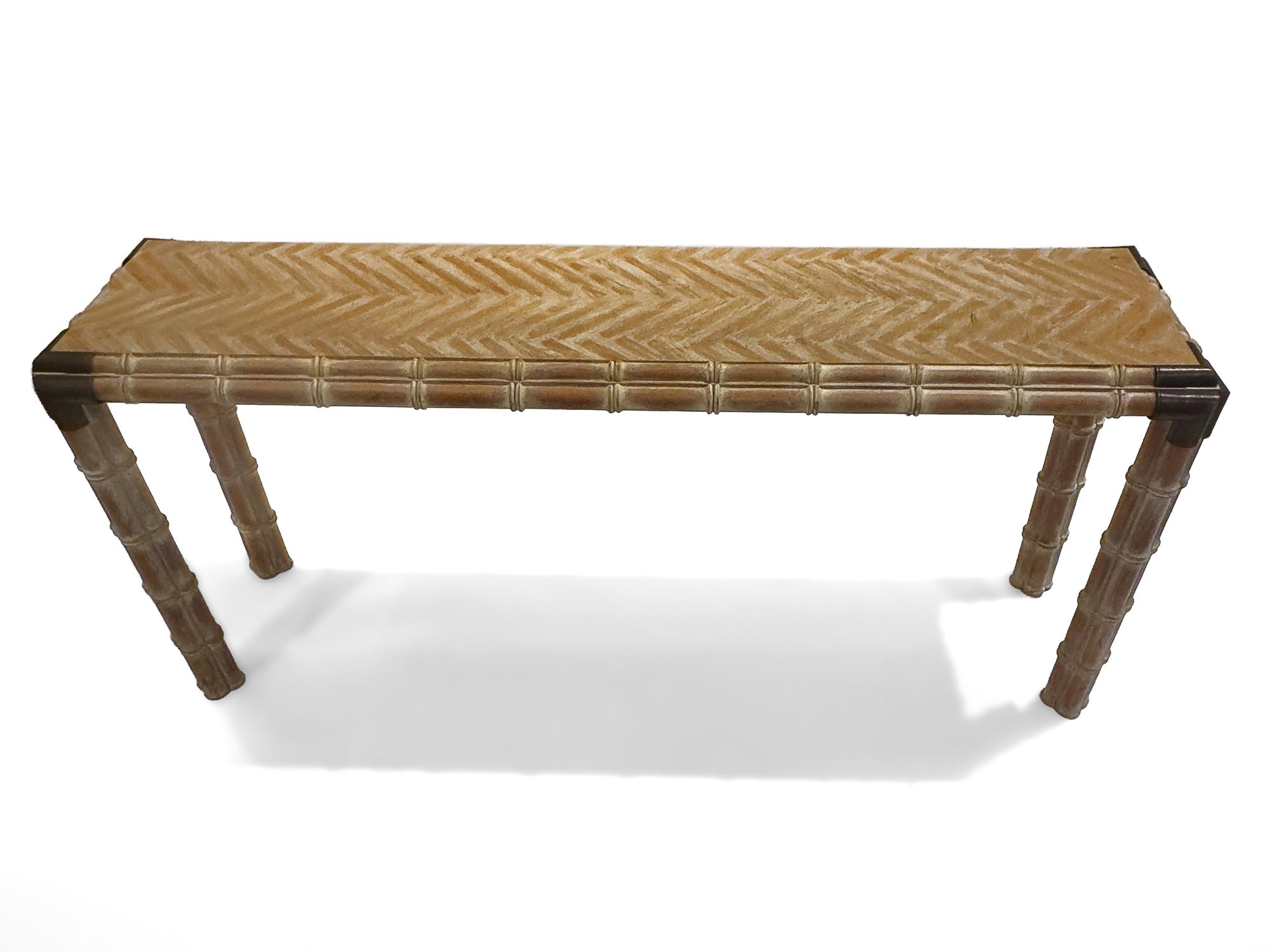 A Brass Mounted Bamboo Carved Console Table and Pair of Stools