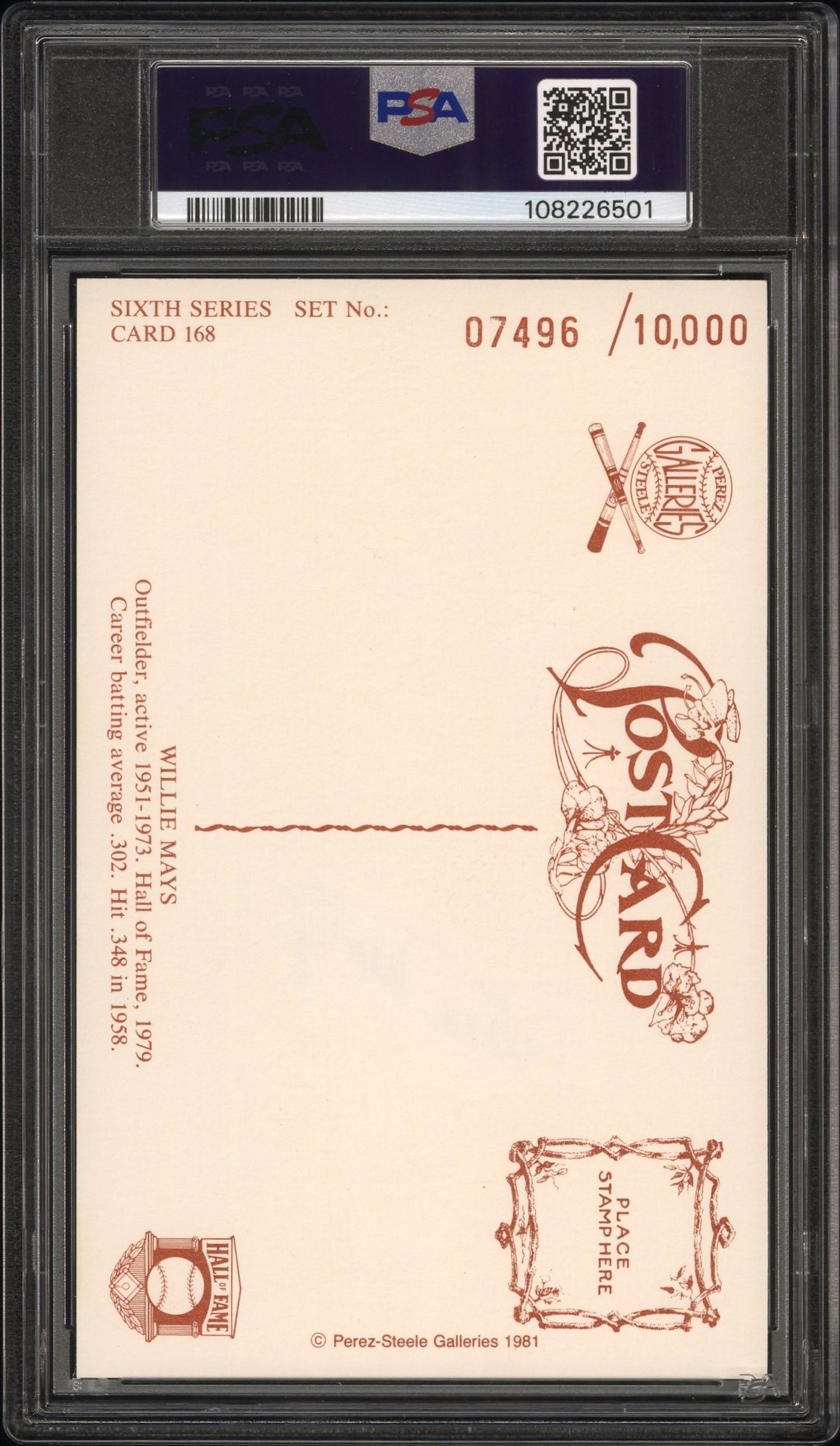 A Willie Mays Signed Autograph Perez Steele Hall of Fame Postcard (PSA 10 AUTO)