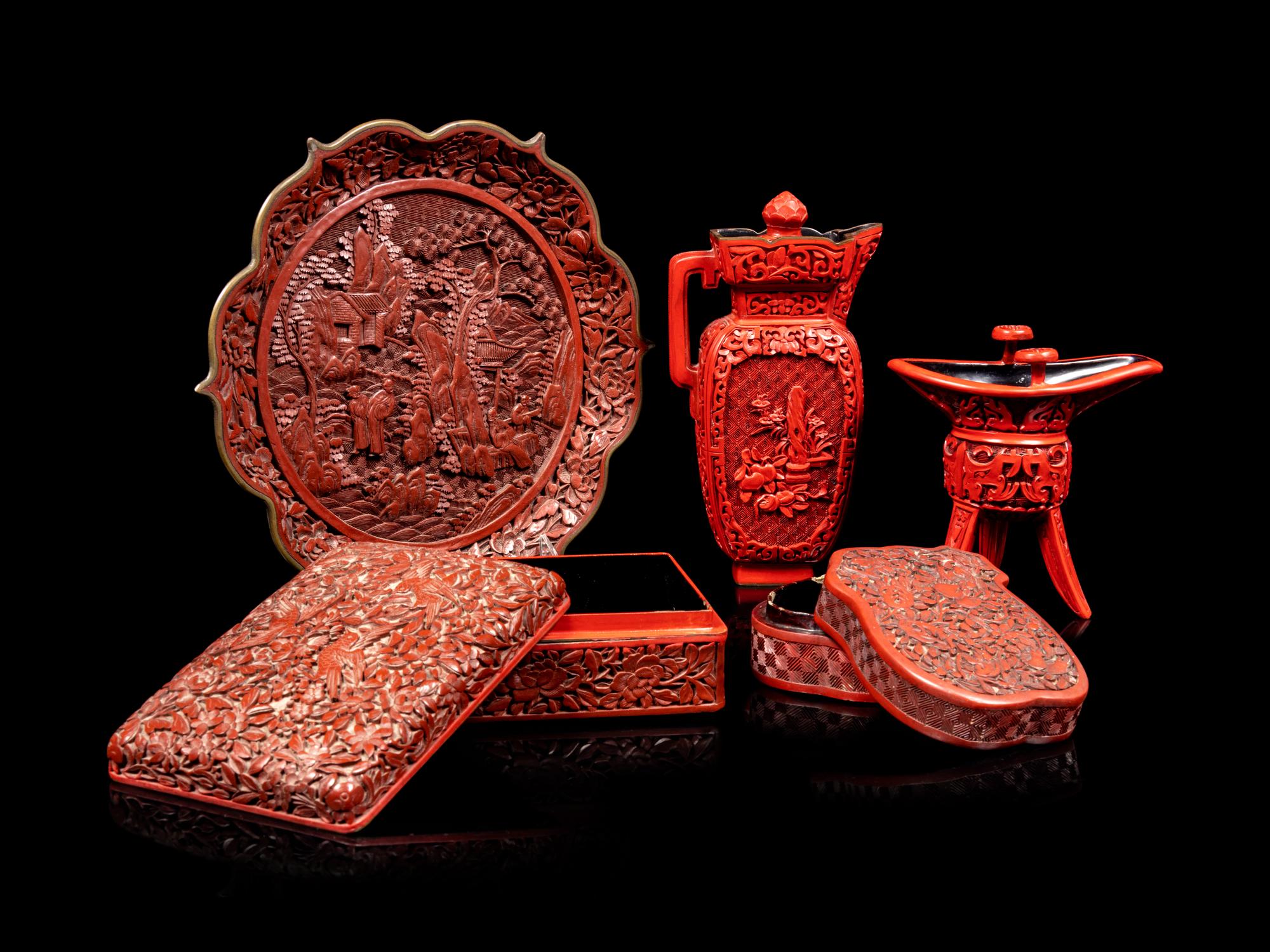 Five Chinese Carved Red Lacquer Articles