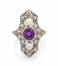 An Edwardian Amethyst, Diamond and Pearl Ring, 4.30 dwts.