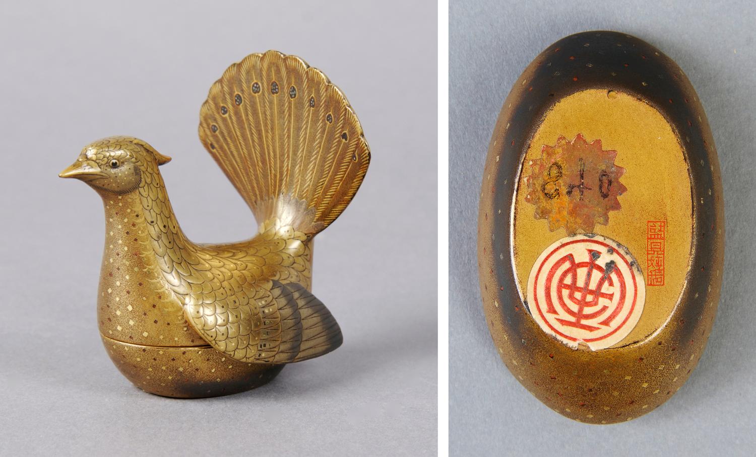 A Japanese Peacock Form Lacquer and Gilt Box, Height 2 3/4 inches.