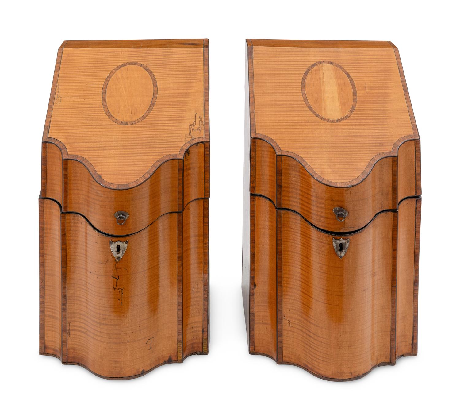 A Pair of George III Mahogany and Satinwood Cutlery Boxes