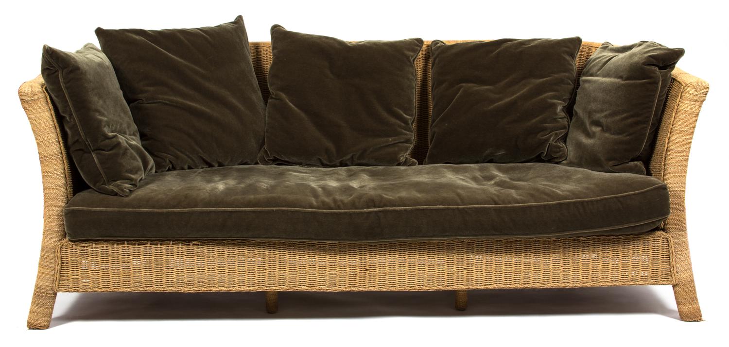 A Wicker Sofa with Velvet Seat and Back Cushions Height 35 x width 89 x depth 44 inches. — 20TH CENTURY