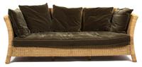 A Wicker Sofa with Velvet Seat and Back Cushions Height 35 x width 89 x depth 44 inches. — 20TH CENTURY