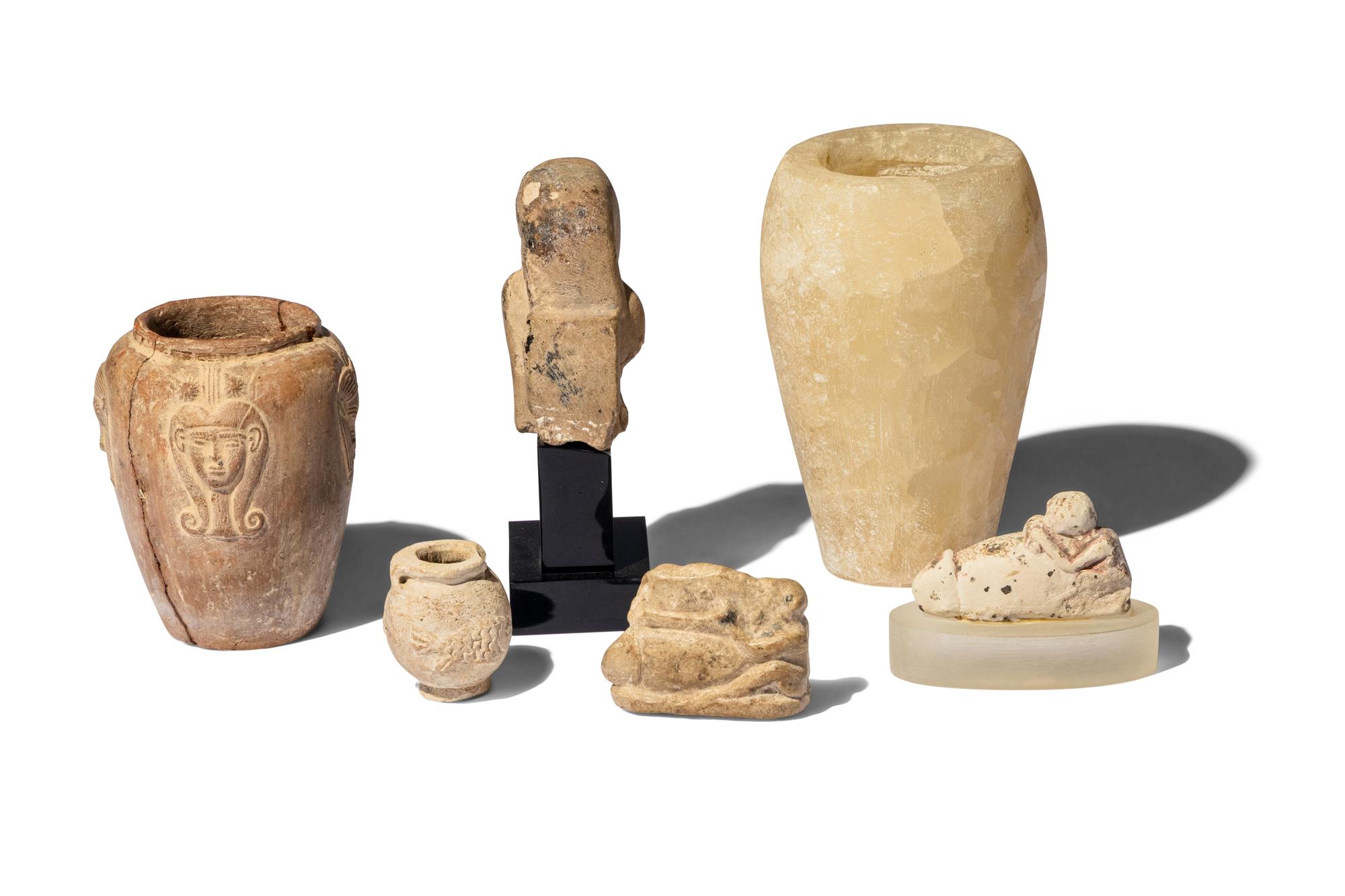 Six Egyptian Stone Vessels and Figures
