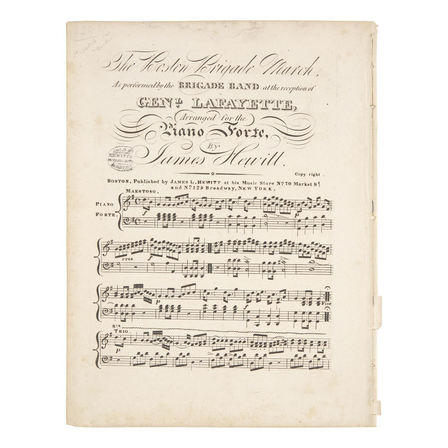 [Lafayette, Marquis de] Sheet Music for The Boston Brigade March, as Performed by the Boston Brigade Band During the Marquis de Lafayette's Visit During his Triumphal Return and Tour of America in 1824-25