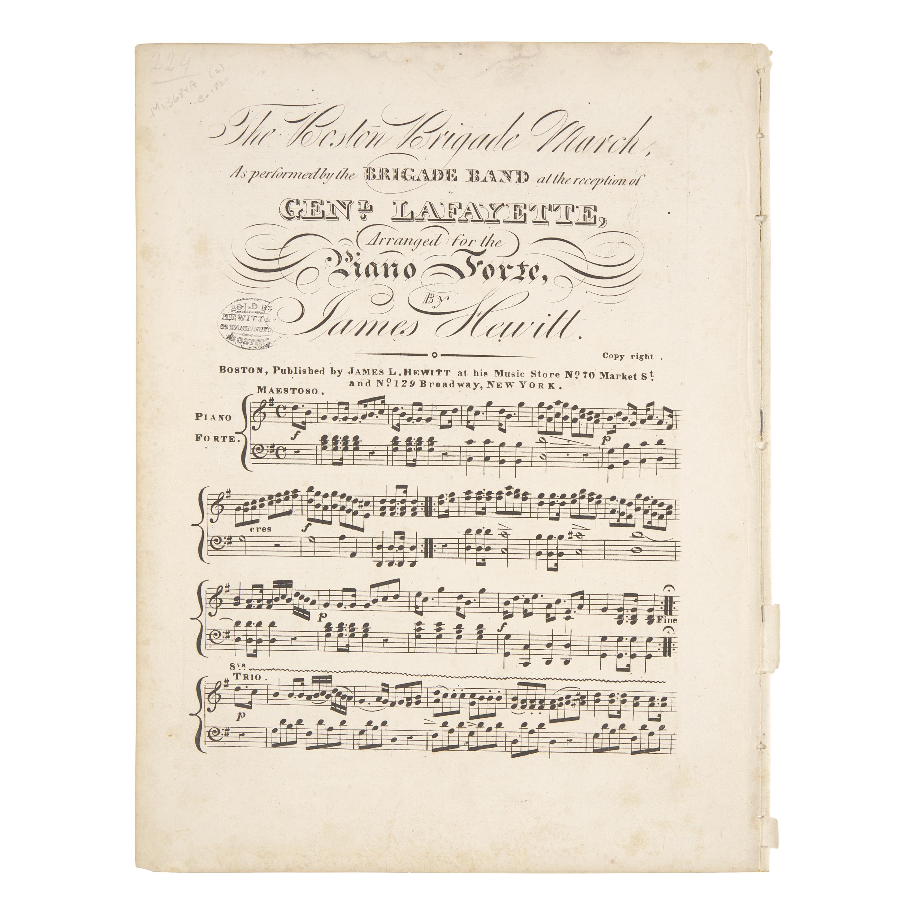 [Lafayette, Marquis de] Sheet Music for The Boston Brigade March, as Performed by the Boston Brigade Band During the Marquis de Lafayette's Visit During his Triumphal Return and Tour of America in 1824-25