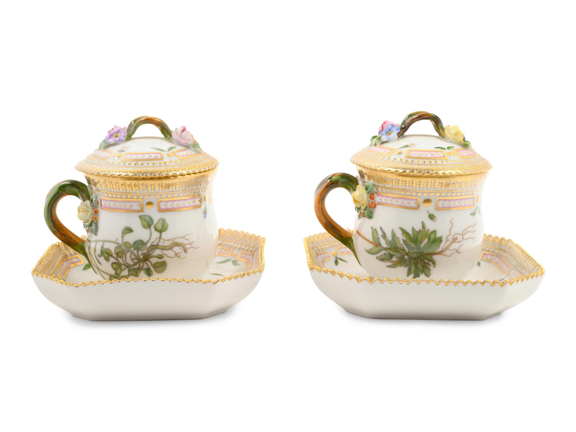 A Set of Eight Royal Copenhagen Flora Danica Pots de Crème and Saucers