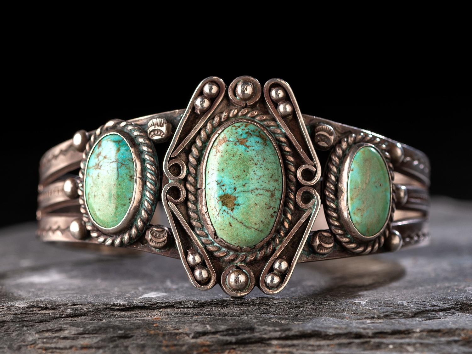Stamped Silver Split Shank Cuff Bracelet. with Turquoise Cabochons