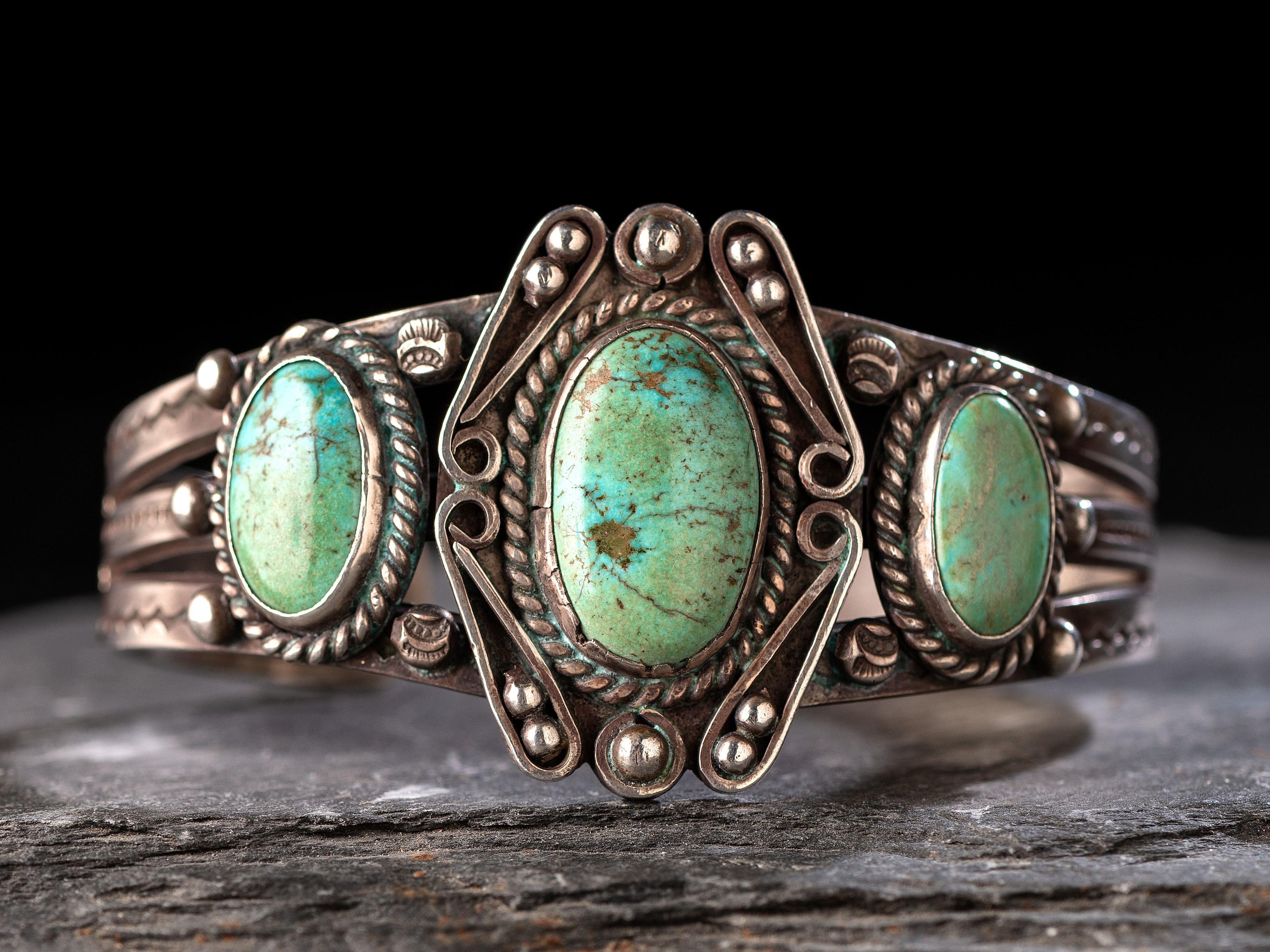 Stamped Silver Split Shank Cuff Bracelet. with Turquoise Cabochons
