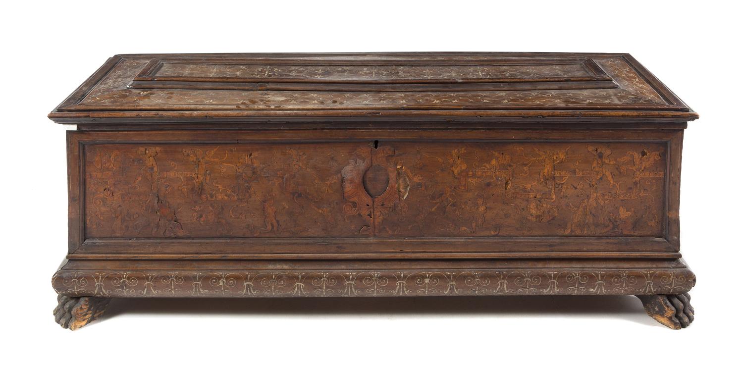 An Italian Marquetry Cassone Height 25 x width 67 1/4 x depth 24 inches. — 16TH CENTURY
