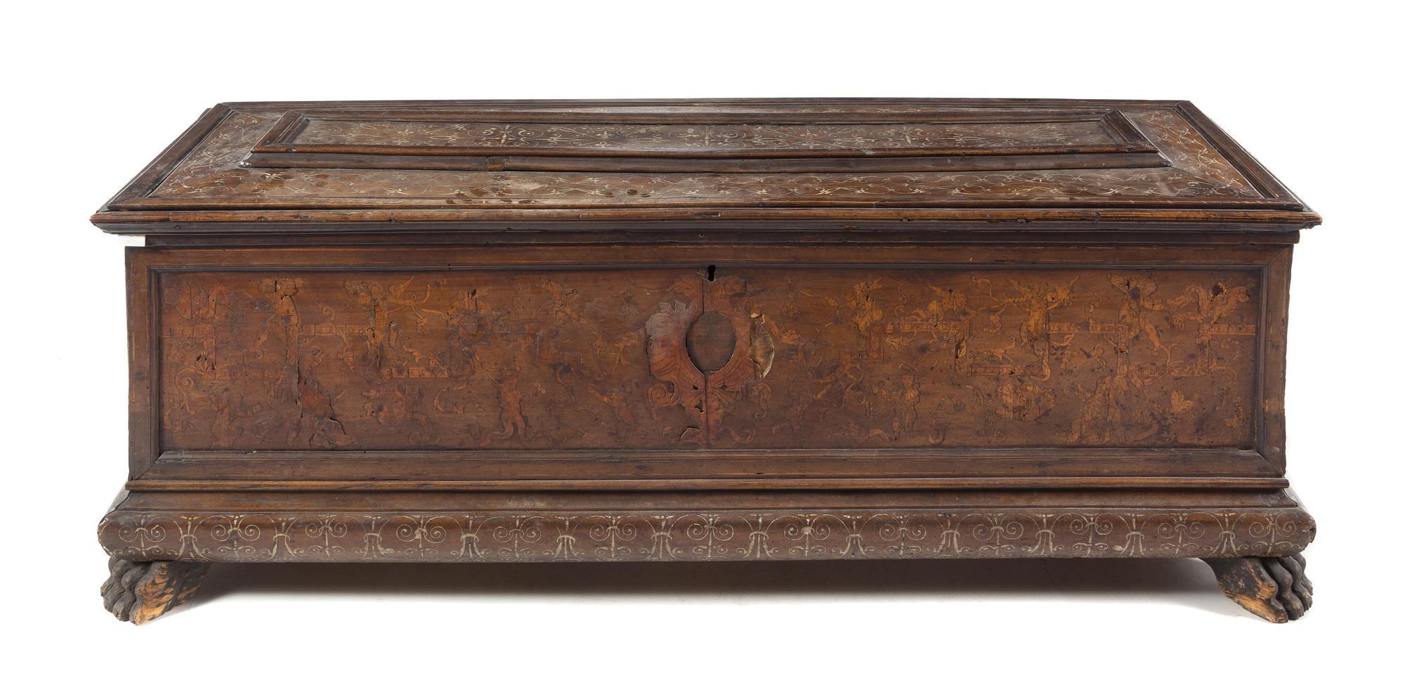 An Italian Marquetry Cassone Height 25 x width 67 1/4 x depth 24 inches. — 16TH CENTURY