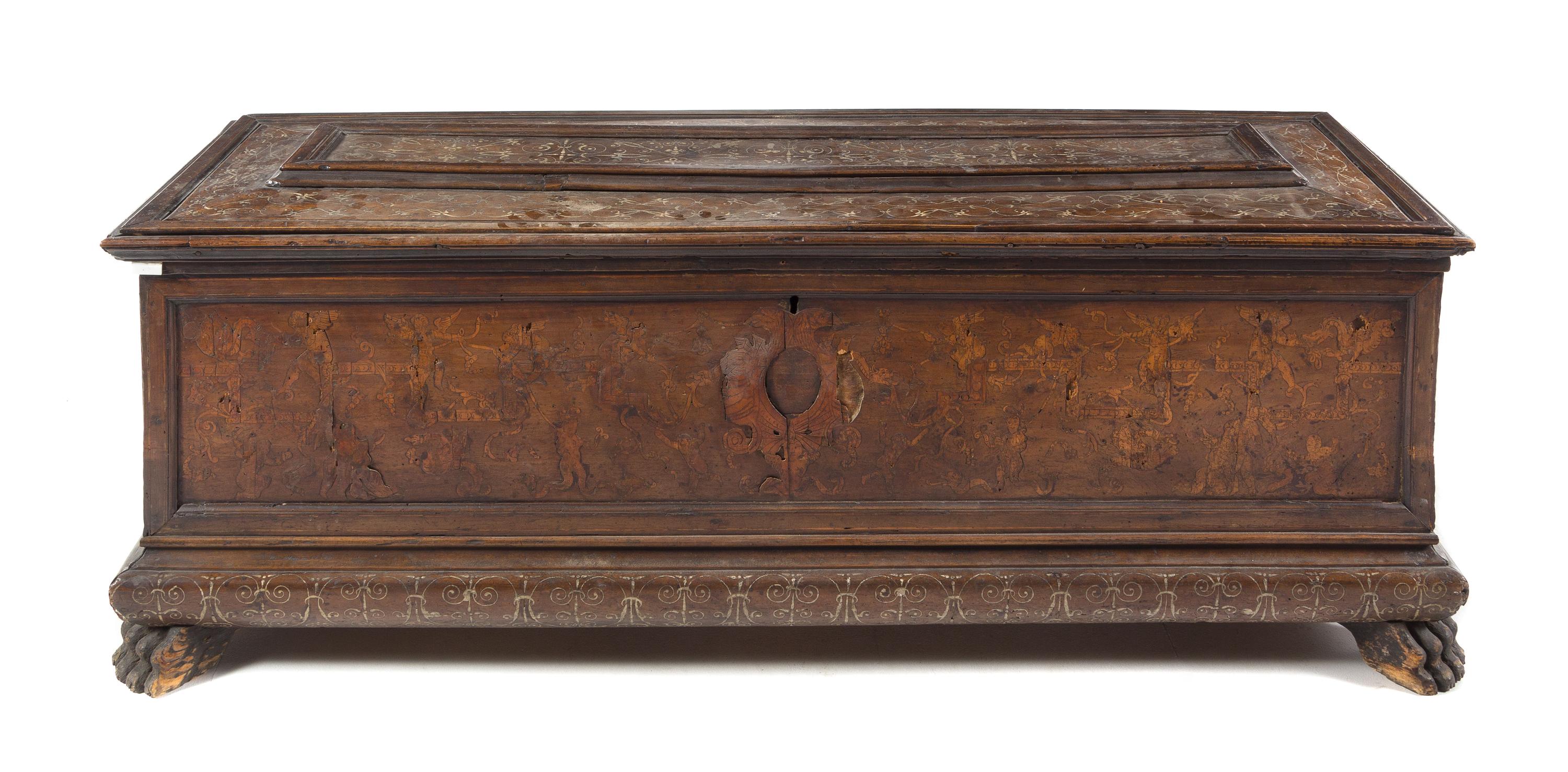 An Italian Marquetry Cassone Height 25 x width 67 1/4 x depth 24 inches. — 16TH CENTURY