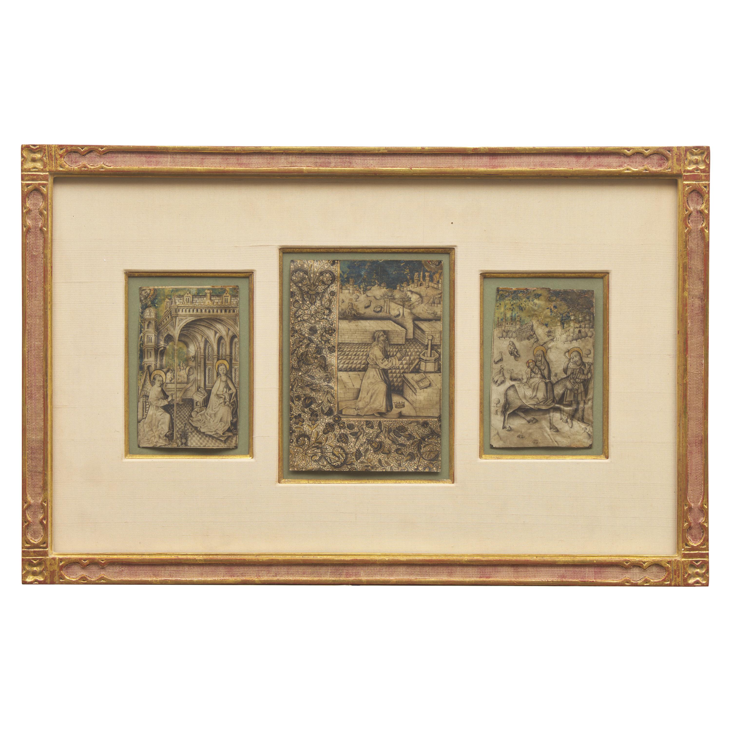 Spanish School (Castile), 15th century — Three Miniatures from an Illuminated Book of Hours: The Annunciation, King David, and The Flight into Egypt