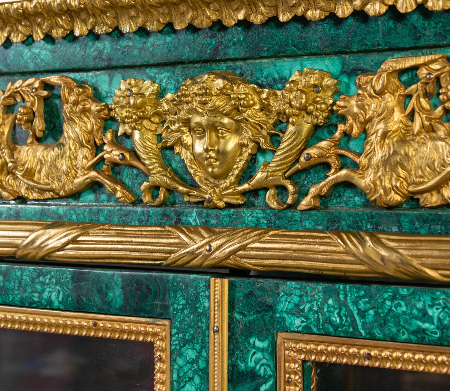 A Louis XVI Style Gilt Bronze Mounted Malachite Veneered Vitrine Cabinet