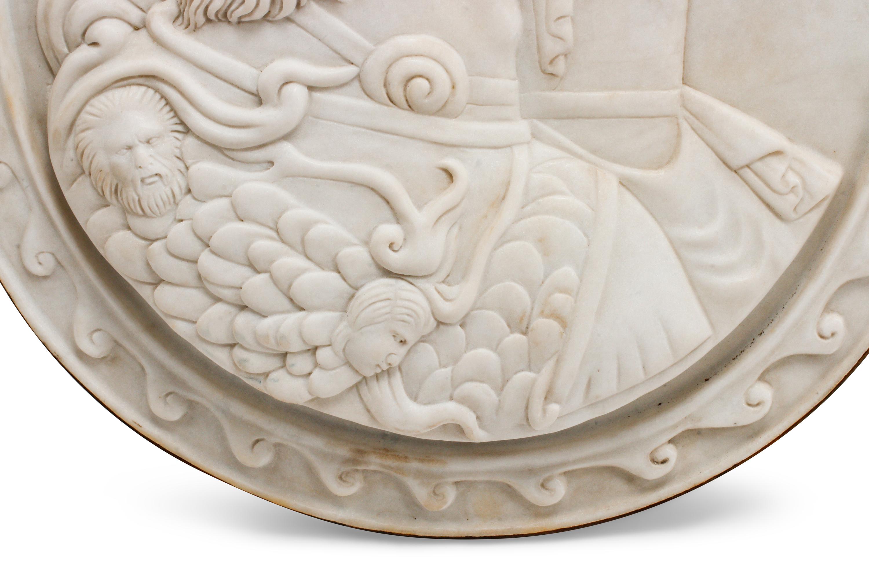 An Italian Carved Marble and Iron Mounted Double Profile Plaque