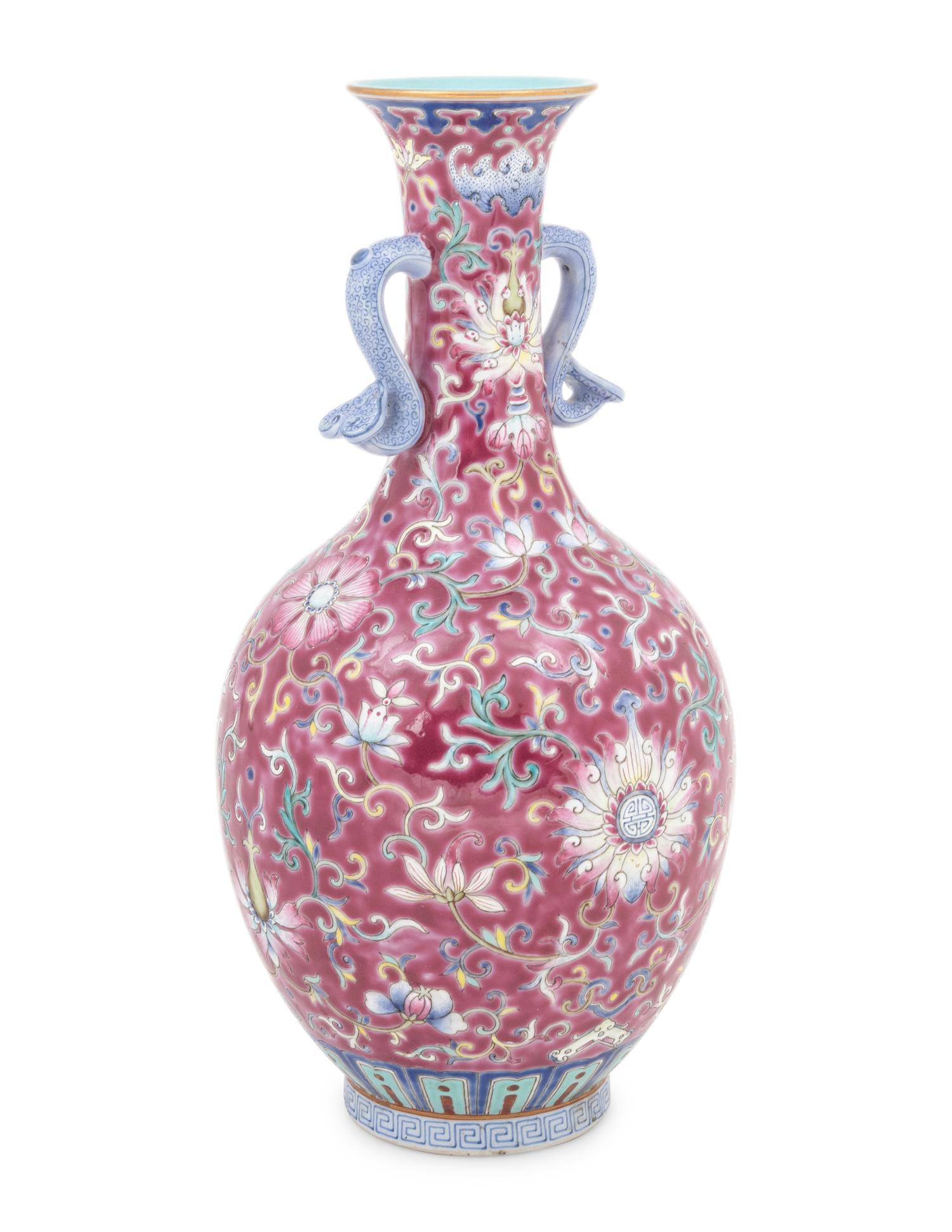 A Chinese Ruby Ground Famille Rose Porcelain Vase