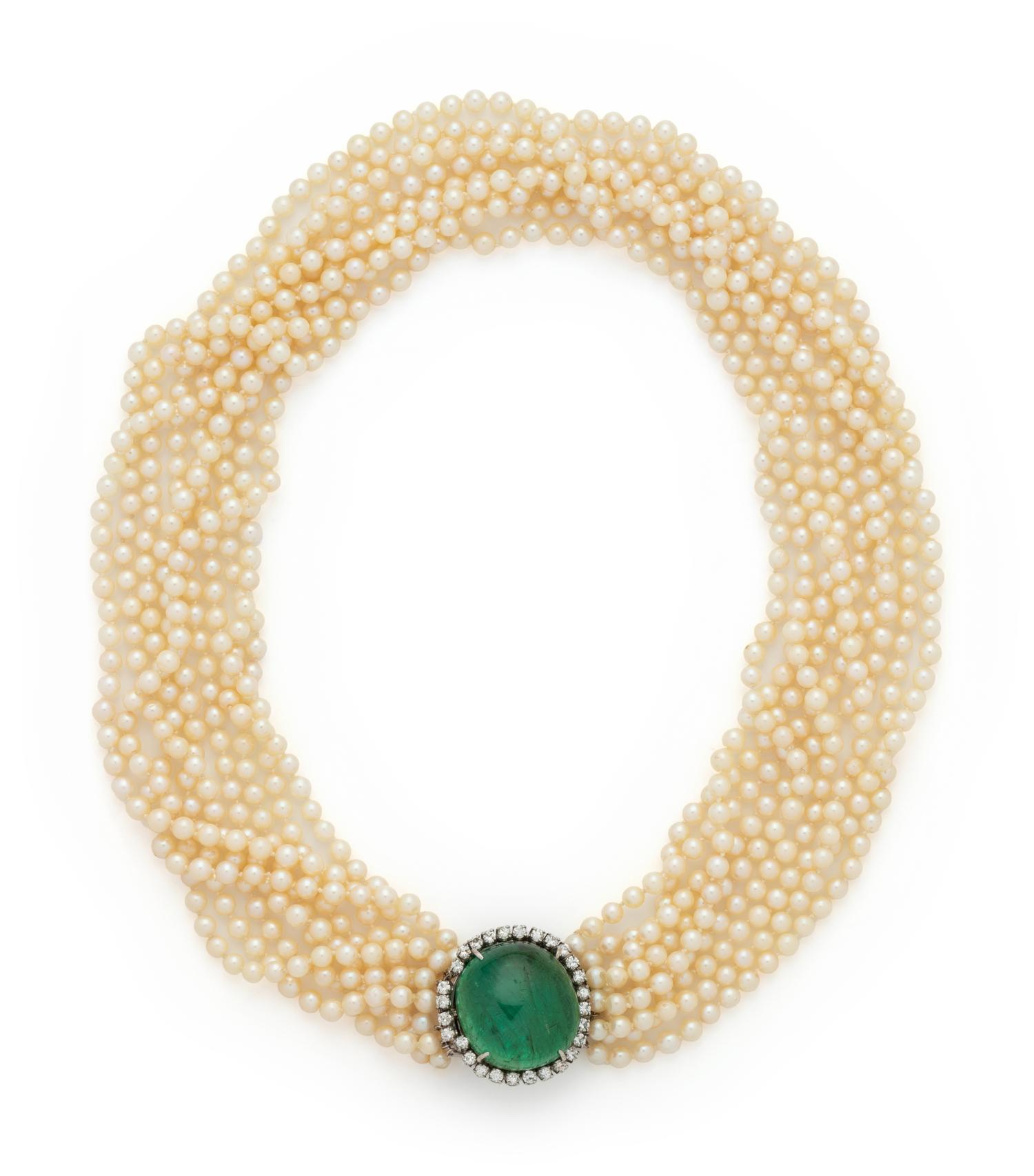 CULTURED PEARL, EMERALD AND DIAMOND TORSADE NECKLACE