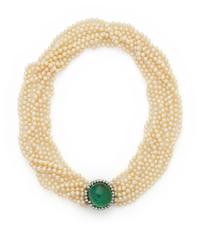 CULTURED PEARL, EMERALD AND DIAMOND TORSADE NECKLACE