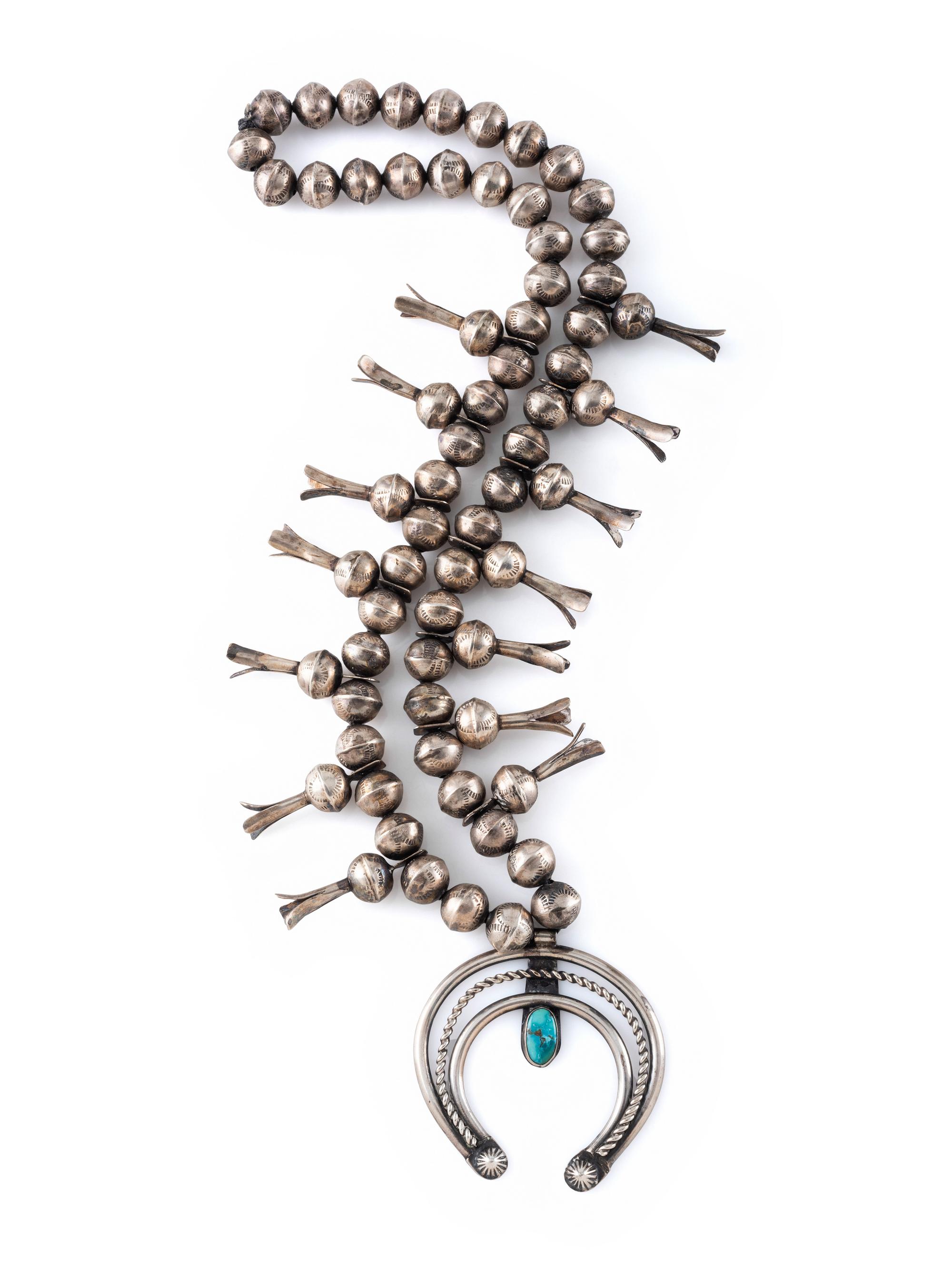Navajo Silver and Turquoise Squash Blossom Necklace