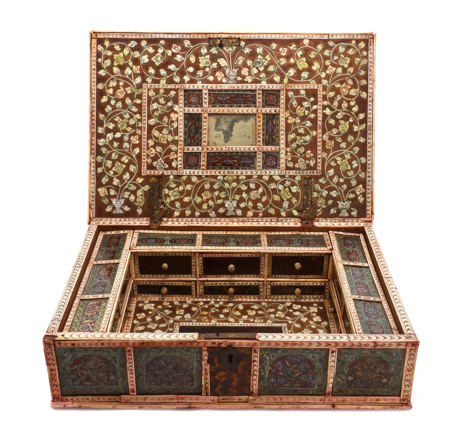 An Indian Reverse Painted Glass and Bone Casket, Height 4 7/8 x width 18 1/8 x depth 12 3/8 inches.