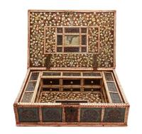 An Indian Reverse Painted Glass and Bone Casket, Height 4 7/8 x width 18 1/8 x depth 12 3/8 inches.