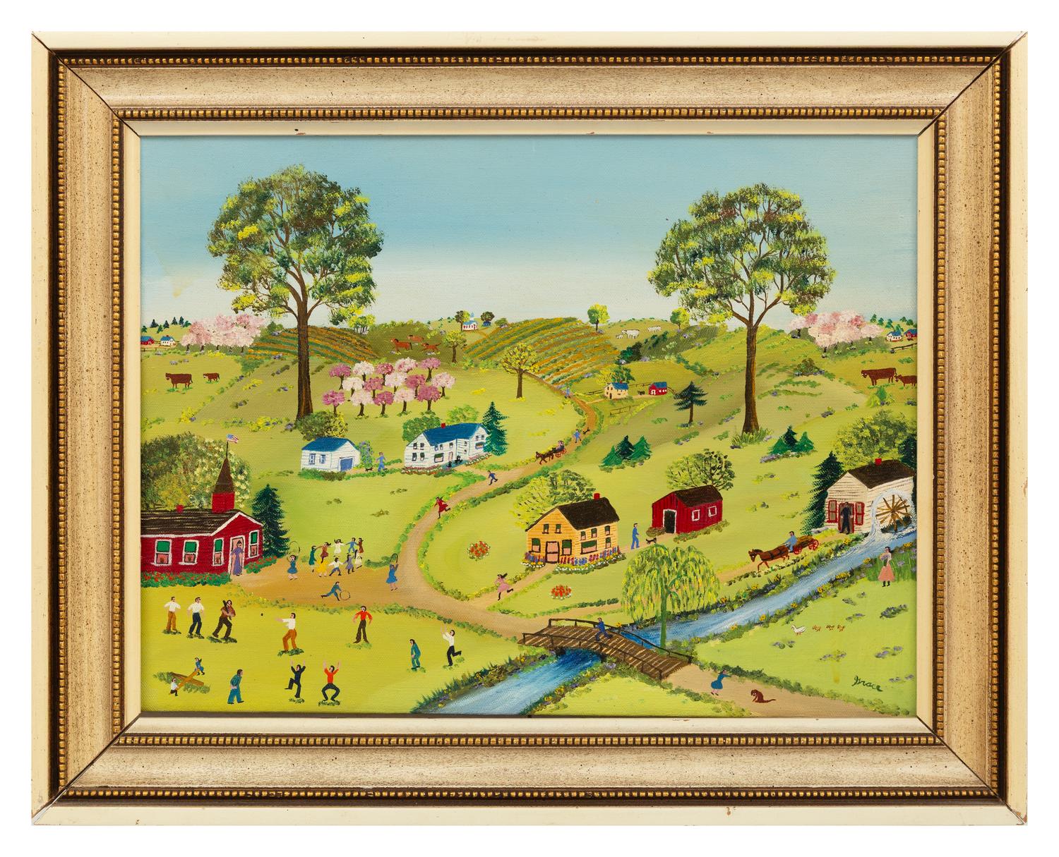 Grace McArthur (American, 1899–1986) — Landscapes with Streams, Figures and Homesteads, 2 works